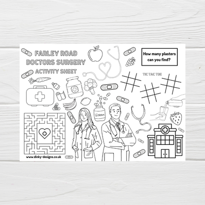 A4 Colouring Activity Sheets | Personalised Doctors Surgery Design Activity Sheets | Patient Waiting Room Activity - Dinky Designs