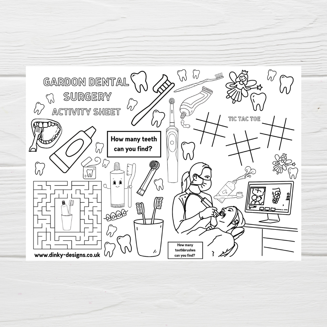 A4 Colouring Activity Sheets | Personalised Dentist Design Activity Sheets | Patient Waiting Room Activity - Dinky Designs