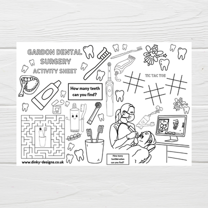 A4 Colouring Activity Sheets | Personalised Dentist Design Activity Sheets | Patient Waiting Room Activity - Dinky Designs