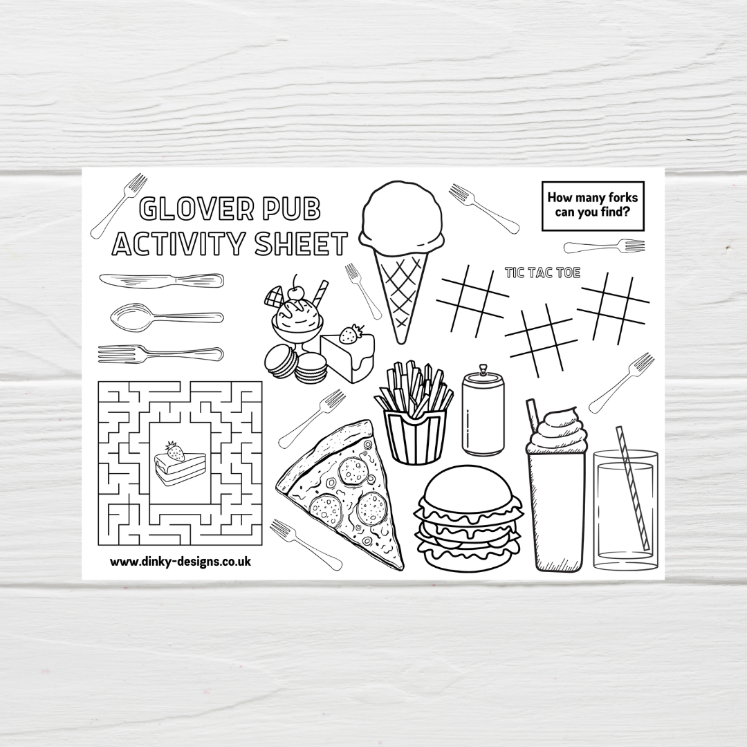 A4 Colouring Activity Sheets | Personalised Pub Design Activity Sheets | Cafe Placemats - Dinky Designs