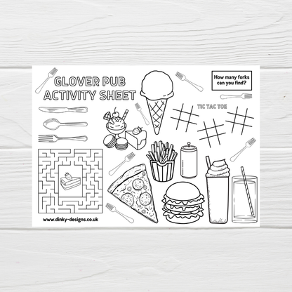 A4 Colouring Activity Sheets | Personalised Pub Design Activity Sheets | Cafe Placemats - Dinky Designs