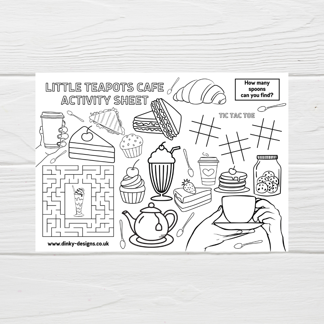 A4 Colouring Activity Sheets | Personalised Cafe Design Activity Sheets | Cafe Placemats - Dinky Designs
