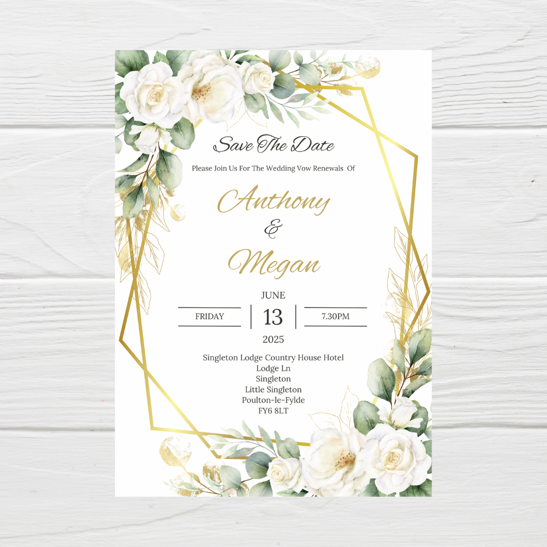 Wedding Invitations | A6 Invites | Green Gold Leaf Floral Wedding Theme Invitations | Wedding Party Invitations - Dinky Designs