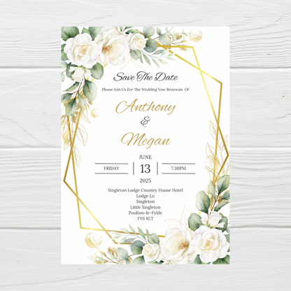Wedding Invitations | A6 Invites | Green Gold Leaf Floral Wedding Theme Invitations | Wedding Party Invitations - Dinky Designs