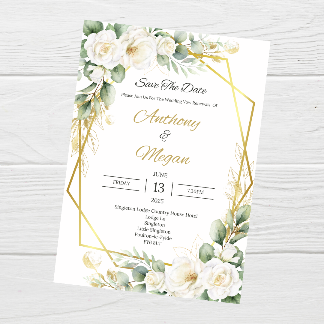 Wedding Invitations | A6 Invites | Green Gold Leaf Floral Wedding Theme Invitations | Wedding Party Invitations - Dinky Designs
