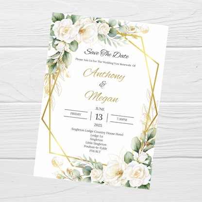 Wedding Invitations | A6 Invites | Green Gold Leaf Floral Wedding Theme Invitations | Wedding Party Invitations - Dinky Designs
