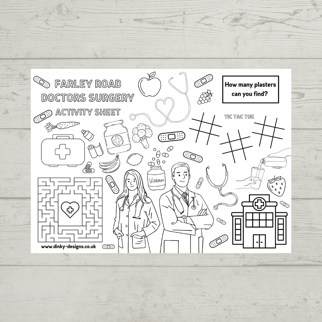 A4 Colouring Activity Sheets | Personalised Doctors Surgery Design Activity Sheets | Patient Waiting Room Activity - Dinky Designs