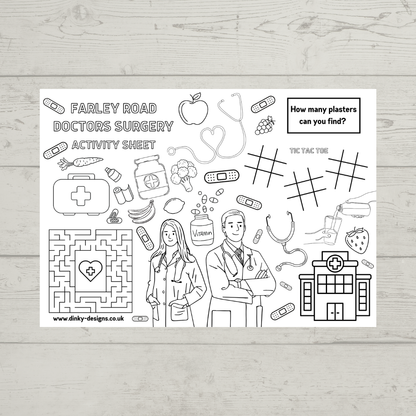 A4 Colouring Activity Sheets | Personalised Doctors Surgery Design Activity Sheets | Patient Waiting Room Activity - Dinky Designs
