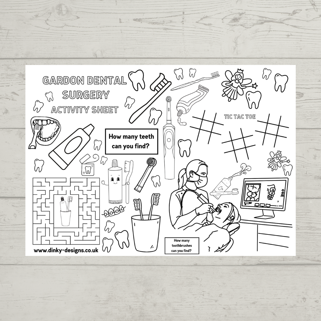 A4 Colouring Activity Sheets | Personalised Dentist Design Activity Sheets | Patient Waiting Room Activity - Dinky Designs