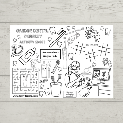 A4 Colouring Activity Sheets | Personalised Dentist Design Activity Sheets | Patient Waiting Room Activity - Dinky Designs