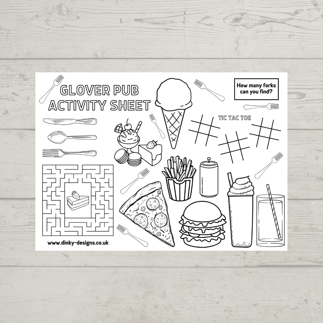 A4 Colouring Activity Sheets | Personalised Pub Design Activity Sheets | Cafe Placemats - Dinky Designs