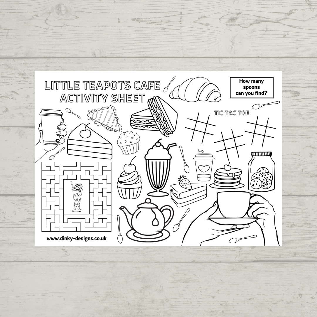 A4 Colouring Activity Sheets | Personalised Cafe Design Activity Sheets | Cafe Placemats - Dinky Designs