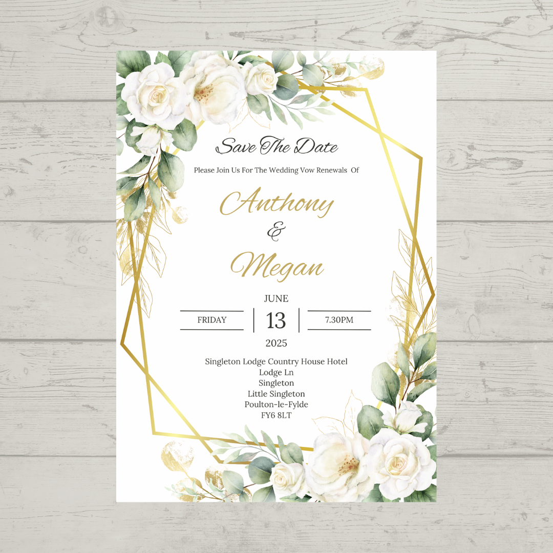 Wedding Invitations | A6 Invites | Green Gold Leaf Floral Wedding Theme Invitations | Wedding Party Invitations - Dinky Designs