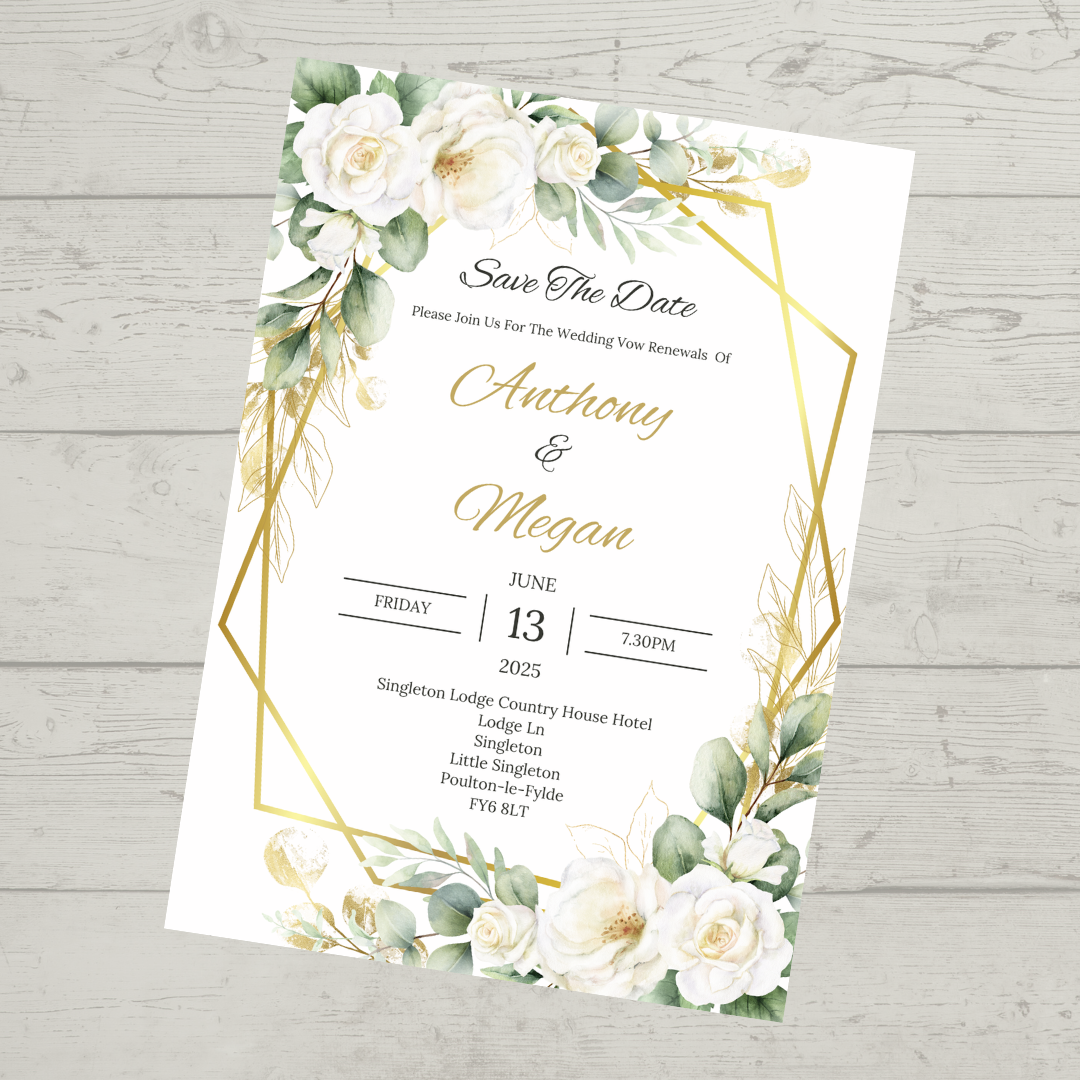 Wedding Invitations | A6 Invites | Green Gold Leaf Floral Wedding Theme Invitations | Wedding Party Invitations - Dinky Designs