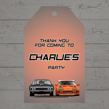 Black Orange Race Car Gift Tags | Car Party Gift Tags | Circle Gift Tags