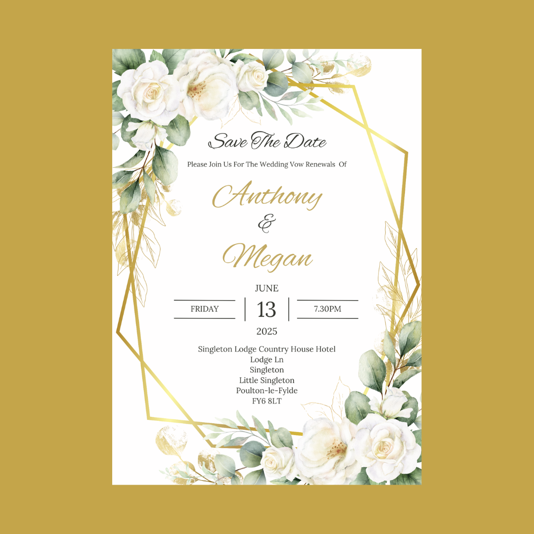 Wedding Invitations | A6 Invites | Green Gold Leaf Floral Wedding Theme Invitations | Wedding Party Invitations - Dinky Designs