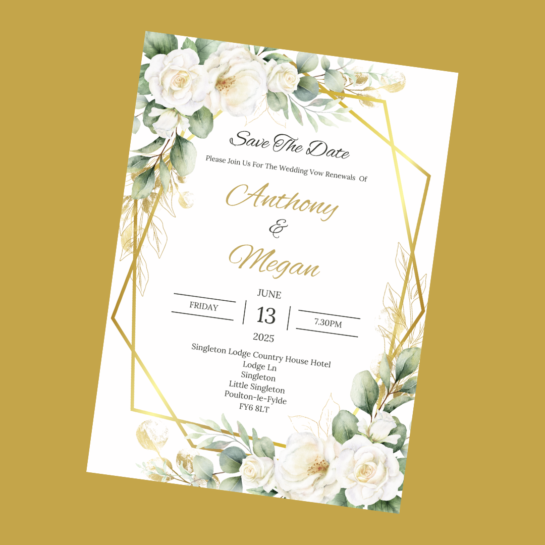 Wedding Invitations | A6 Invites | Green Gold Leaf Floral Wedding Theme Invitations | Wedding Party Invitations - Dinky Designs