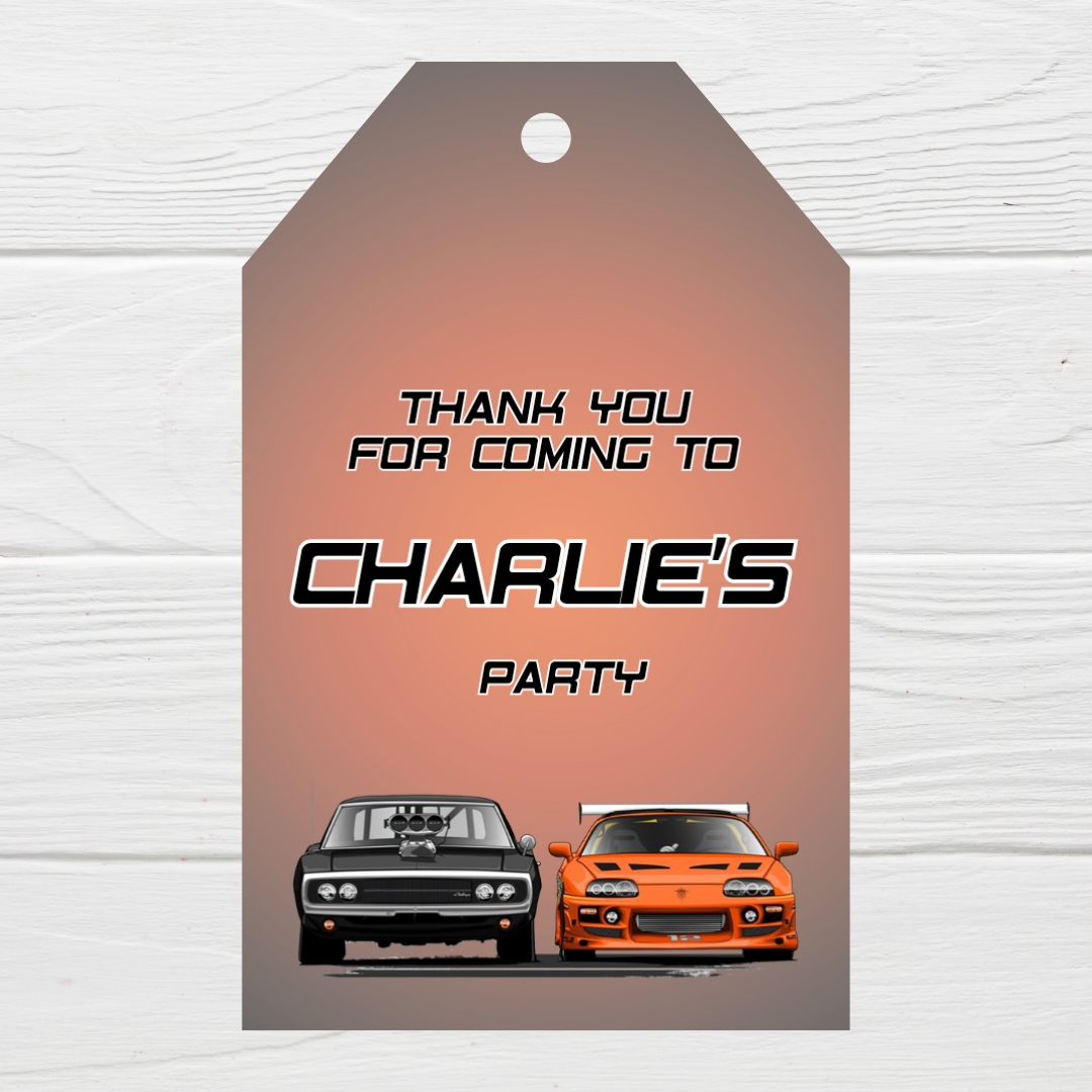 Black Orange Race Car Gift Tags | Car Party Gift Tags | Circle Gift Tags