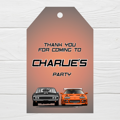 Black Orange Race Car Gift Tags | Car Party Gift Tags | Circle Gift Tags