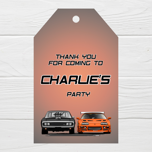 Black Orange Race Car Gift Tags | Car Party Gift Tags | Circle Gift Tags