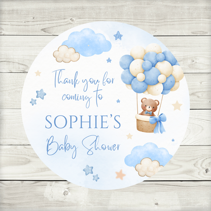 Blue Hot Air Balloon Teddy Bear Baby Shower, Birthday Party Stickers | Circle Stickers | Sticker Sheet | Party Stickers | Teddy Bear Theme