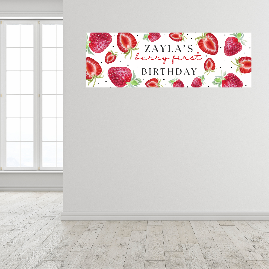 Strawberry Banner | Personalised Strawberry Birthday, Baby Shower, Christening Party Banner | Strawberry Party Theme