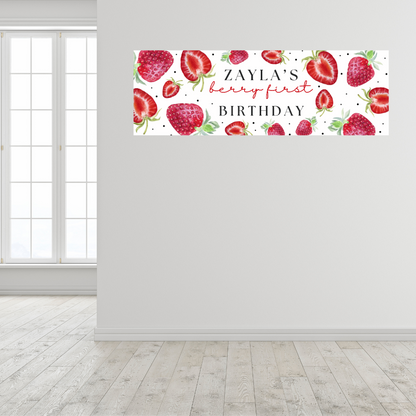 Strawberry Banner | Personalised Strawberry Birthday, Baby Shower, Christening Party Banner | Strawberry Party Theme