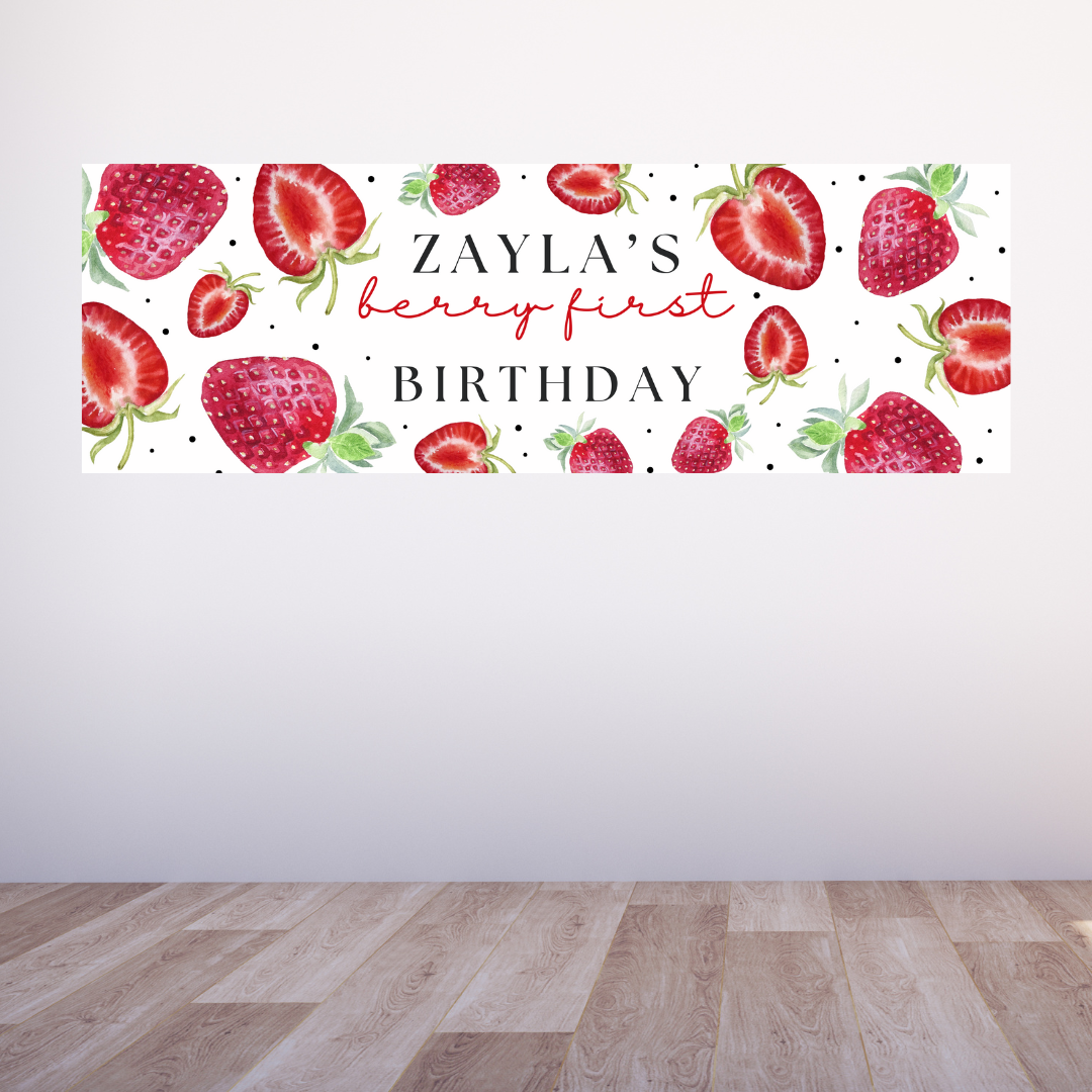 Strawberry Banner | Personalised Strawberry Birthday, Baby Shower, Christening Party Banner | Strawberry Party Theme