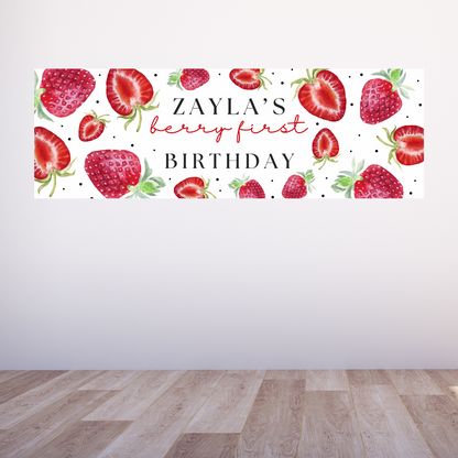 Strawberry Banner | Personalised Strawberry Birthday, Baby Shower, Christening Party Banner | Strawberry Party Theme