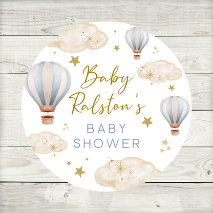 Blue Hot Air Balloon Party Circle Stickers | Baby Shower, Birthday Party Stickers | Blue Hot Air Balloon Party Bag Labels