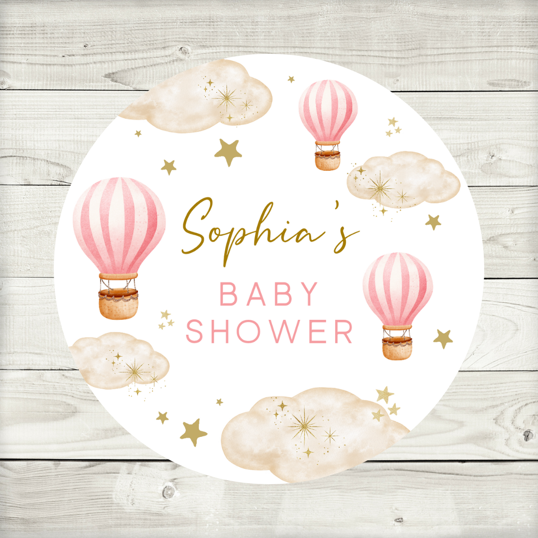 Dark Pink Hot Air Balloon Party Circle Stickers | Baby Shower, Birthday Party Stickers | Pink Hot Air Balloon Party Bag Labels