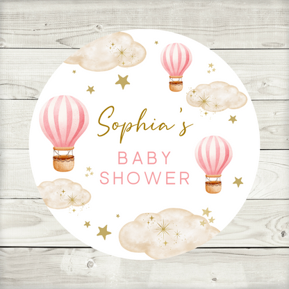 Dark Pink Hot Air Balloon Party Circle Stickers | Baby Shower, Birthday Party Stickers | Pink Hot Air Balloon Party Bag Labels