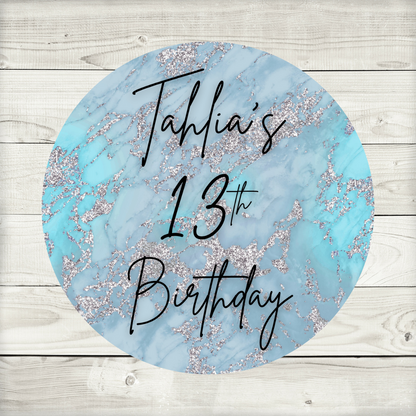 Blue Silver Marble Party Circle Stickers | Hen Do, Birthday Party Stickers | Blue Marble Party Bag Labels