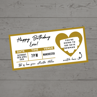 Gold Surprise Concert Ticket Print | Personalised Gold Concert Ticket | Scratch Reveal | Gift Idea