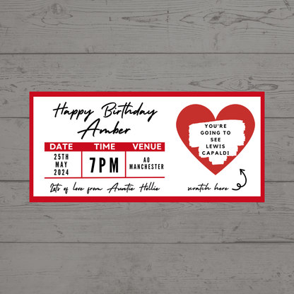 Red Surprise Concert Ticket Print | Personalised Red Concert Ticket | Scratch Reveal | Gift Idea
