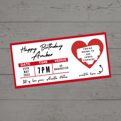 Red Surprise Concert Ticket Print | Personalised Red Concert Ticket | Scratch Reveal | Gift Idea