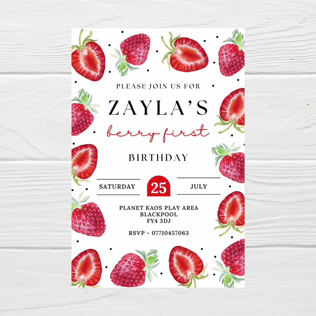 Strawberry Birthday Invitations | A6 Invites | Strawberry Theme Invitations | Party Invitations