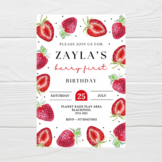 Strawberry Birthday Invitations | A6 Invites | Strawberry Theme Invitations | Party Invitations