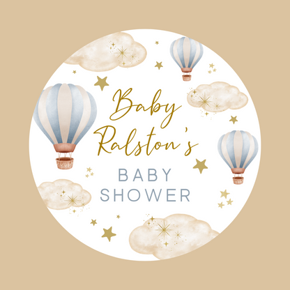 Blue Hot Air Balloon Party Circle Stickers | Baby Shower, Birthday Party Stickers | Blue Hot Air Balloon Party Bag Labels