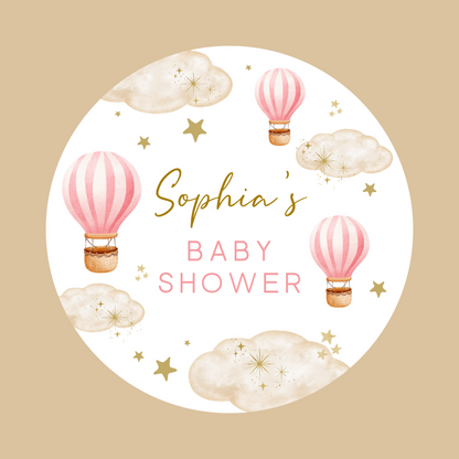 Dark Pink Hot Air Balloon Party Circle Stickers | Baby Shower, Birthday Party Stickers | Pink Hot Air Balloon Party Bag Labels