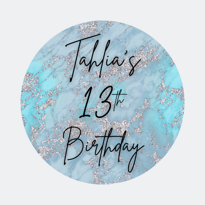 Blue Silver Marble Party Circle Stickers | Hen Do, Birthday Party Stickers | Blue Marble Party Bag Labels