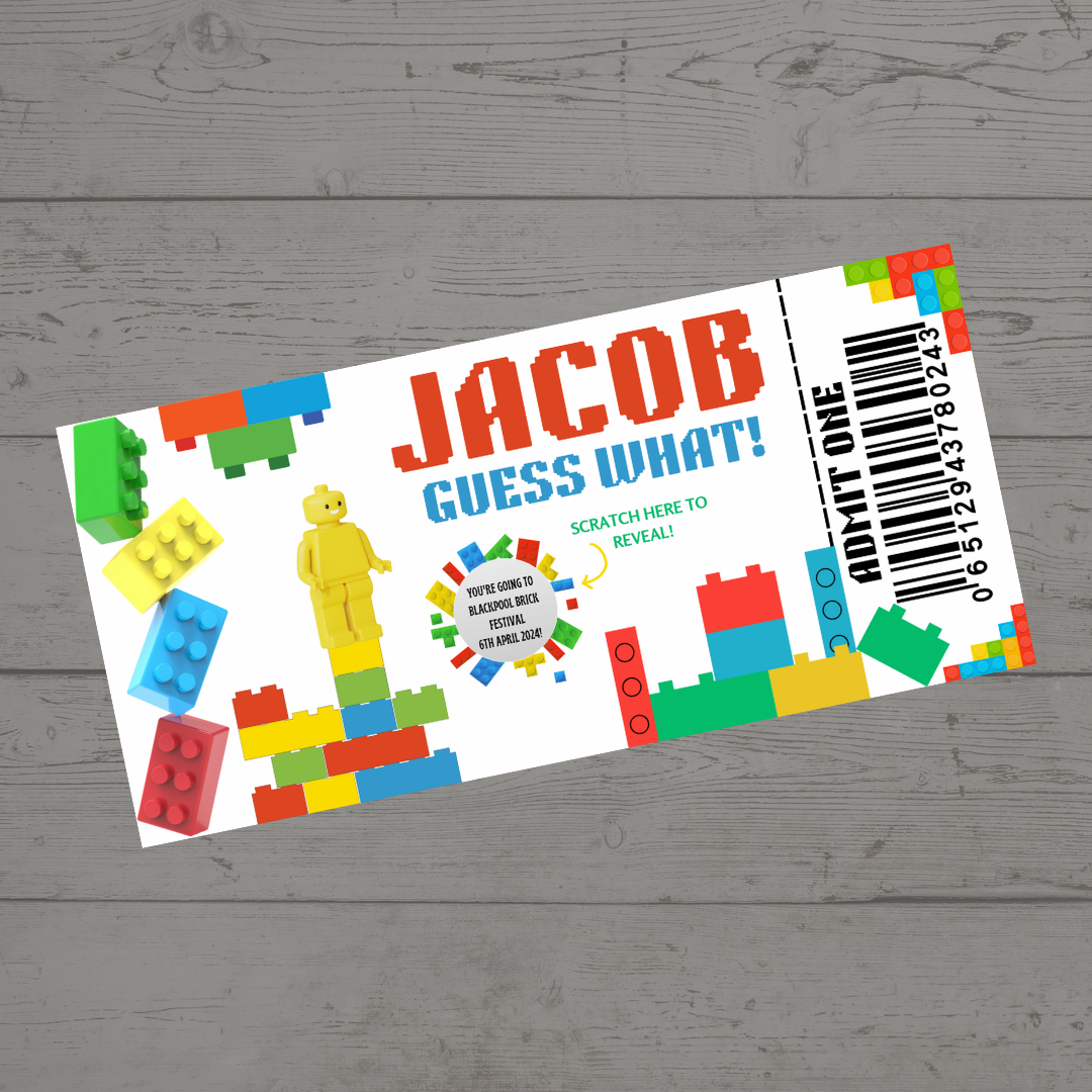 Surprise Ticket Print | Personalised Brick Scratch Reveal Ticket Voucher | Gift Idea - Dinky Designs