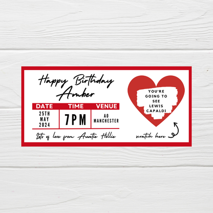 Red Surprise Concert Ticket Print | Personalised Red Concert Ticket | Scratch Reveal | Gift Idea