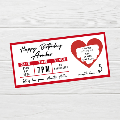 Red Surprise Concert Ticket Print | Personalised Red Concert Ticket | Scratch Reveal | Gift Idea