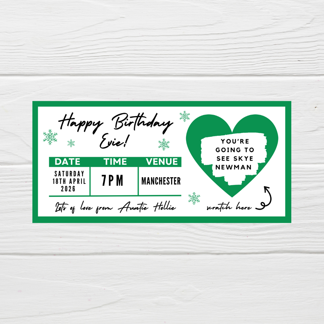 Green Surprise Concert Ticket Print | Personalised Green Concert Ticket | Scratch Reveal | Gift Idea