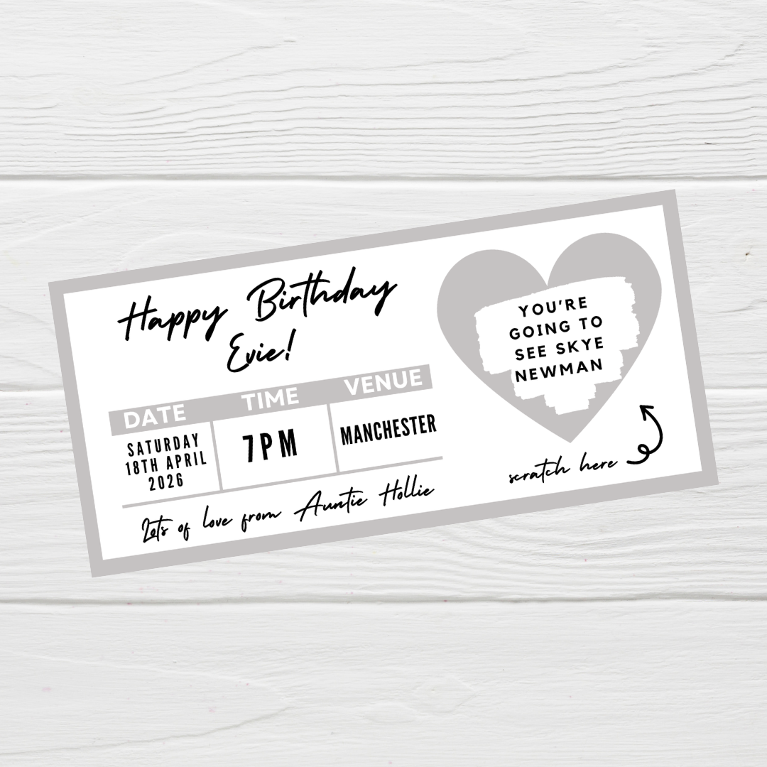 Silver Surprise Concert Ticket Print | Personalised Silver Concert Ticket | Scratch Reveal | Gift Idea - Dinky Designs