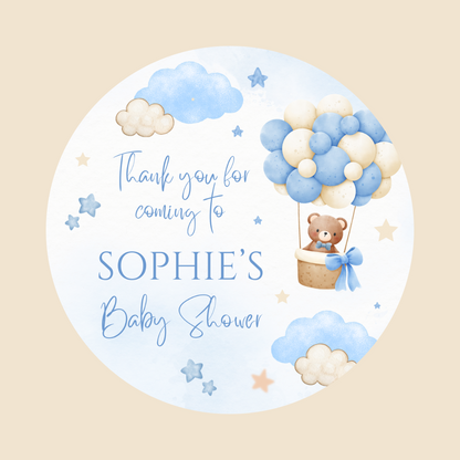 Blue Hot Air Balloon Teddy Bear Baby Shower, Birthday Party Stickers | Circle Stickers | Sticker Sheet | Party Stickers | Teddy Bear Theme