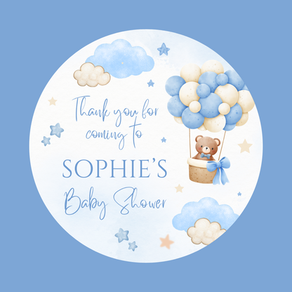 Blue Hot Air Balloon Teddy Bear Baby Shower, Birthday Party Stickers | Circle Stickers | Sticker Sheet | Party Stickers | Teddy Bear Theme