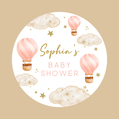 Light Pink Hot Air Balloon Party Circle Stickers | Baby Shower, Birthday Party Stickers | Pink Hot Air Balloon Party Bag Labels