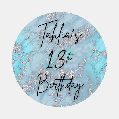 Blue Silver Marble Party Circle Stickers | Hen Do, Birthday Party Stickers | Blue Marble Party Bag Labels